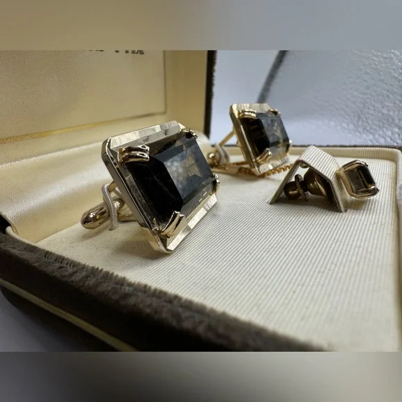 1960’s Swank Grand Prix Topaz Quartz Cuff Links Tie Pin - Picture 3 of 6